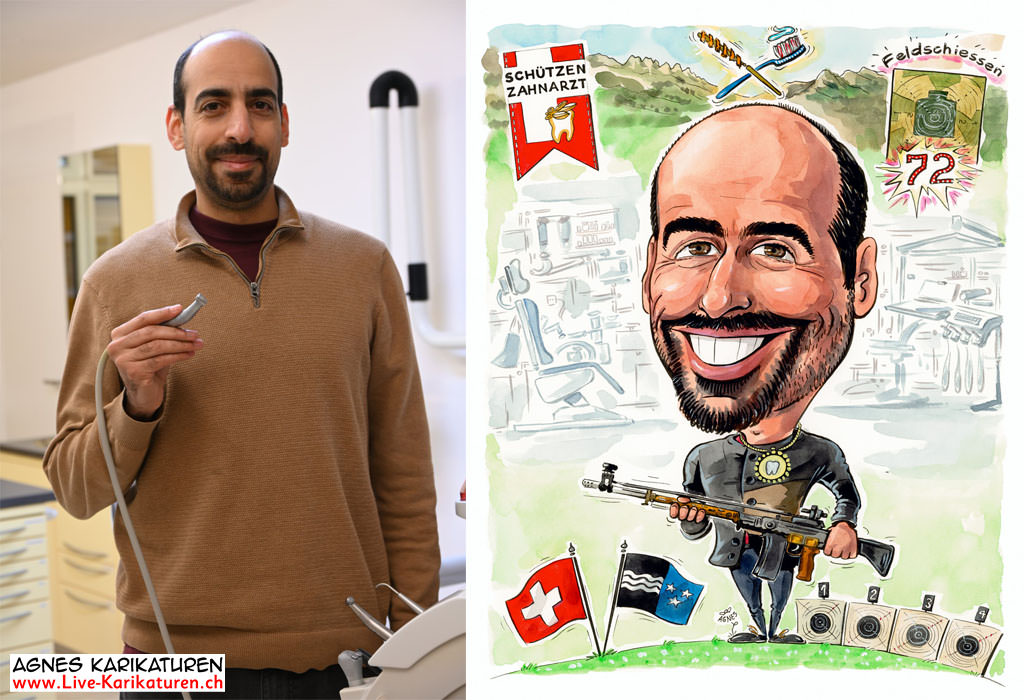 Cartoongemälde Agnes Karikaturen Bild ab Foto gemalt: Schützenzahnarzt Feldschiessen