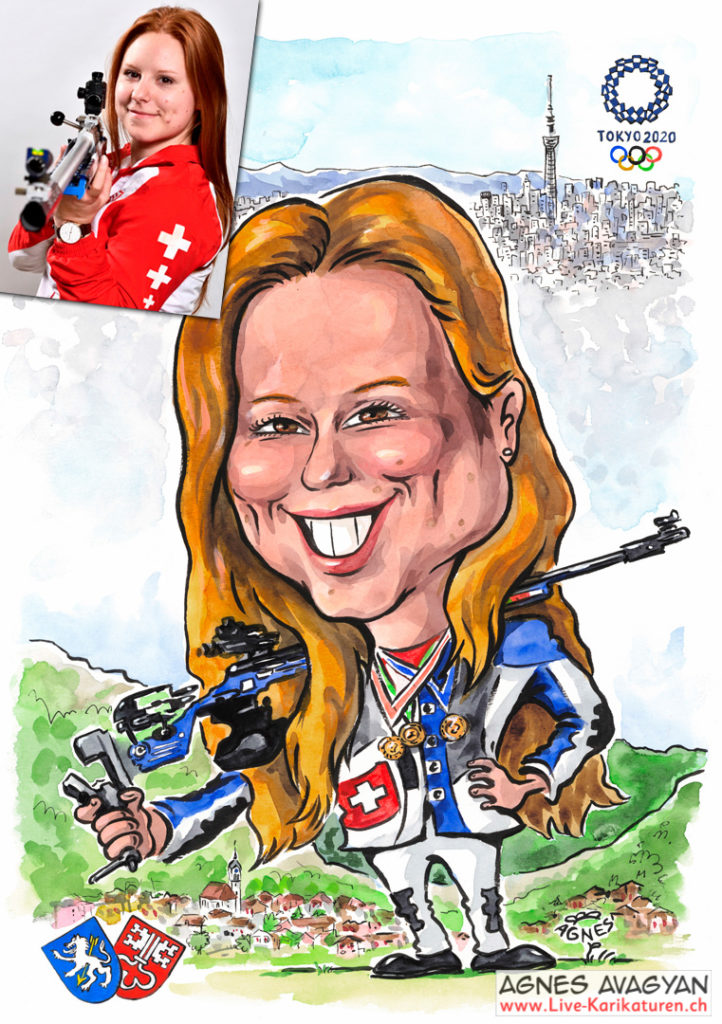 Cartoongemälde Agnes Karikaturen Bild ab Foto gemalt: Schützenkönigin Nina Christen, Tokyo 2020, Wolfenschiessen Nidwalden