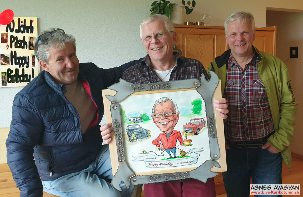Cartoongemälde Agnes Karikaturen Bild ab Foto gemalt: Kriens Happy Birthday Mechaniker Peter