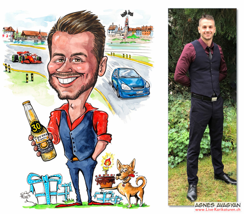 Cartoongemälde Agnes Karikaturen Bild ab Foto gemalt: junger Erwachsener, Auto