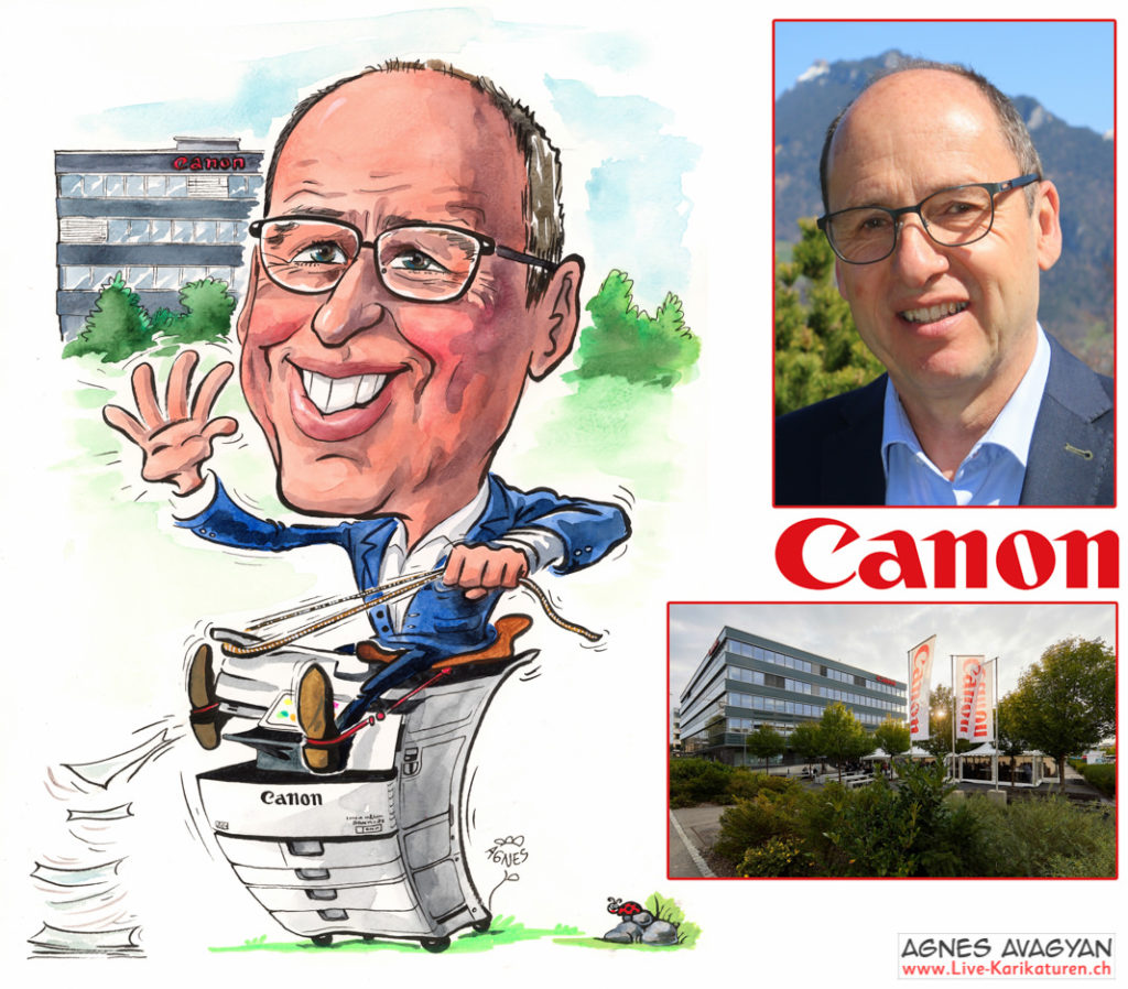 Cartoongemälde Agnes Karikaturen Bild ab Foto gemalt: Canon Mitarbeiter sitzt auf Fotokopierer