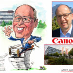 Cartoongemälde Agnes Karikaturen Bild ab Foto gemalt: Canon Mitarbeiter sitzt auf Fotokopierer