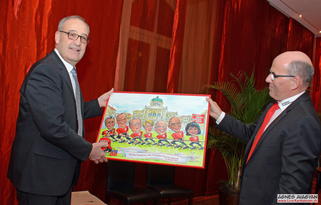 Cartoongemälde Agnes Karikaturen Bild ab Foto gemalt: Gesamtbundesrat, Parmelin, Tauziehverband, Weltmeister